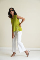 Citrus green sleeveless georgette top with organza appliqué work