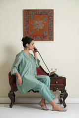 Aquamarine striped tissue chanderi overlap gota patti work mid length co ord set