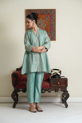 Aquamarine striped tissue chanderi overlap gota patti work mid length co ord set