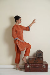 Burnt orange tissue chanderi gota patti work knee length co ord set