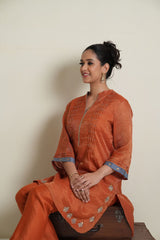 Burnt orange tissue chanderi gota patti work knee length co ord set