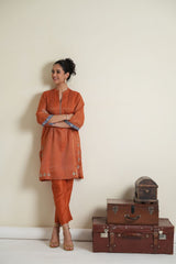 Burnt orange tissue chanderi gota patti work knee length co ord set