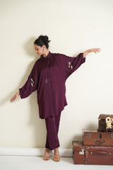 Falsa silk organza dolman sleeved co ord set with pearls and dabka work