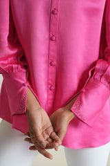 Candy pink modal silk shirt with hand embroidered cuffs and collars