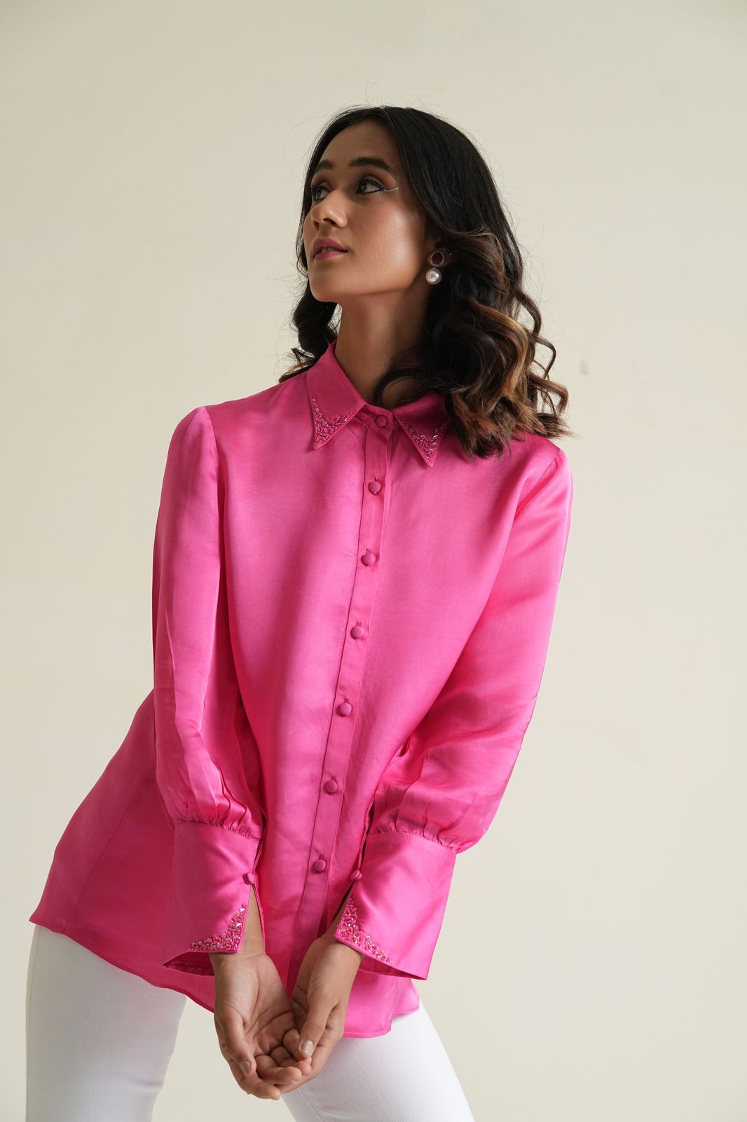 Candy pink modal silk shirt with hand embroidered cuffs and collars