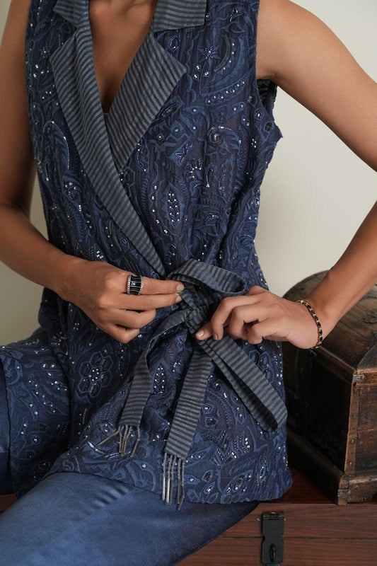 Air force blue chanderi hand embroidered jaal blazer and pants co ord set - Sohni