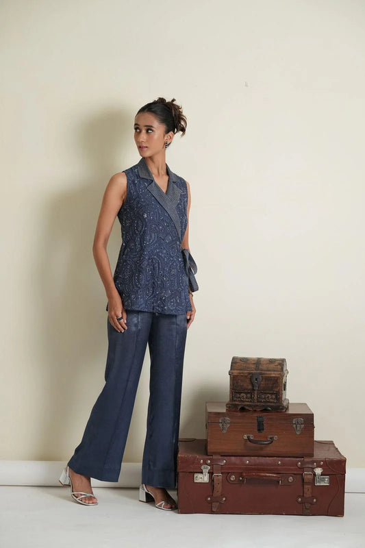 Air force blue chanderi hand embroidered jaal blazer and pants co ord set - Sohni