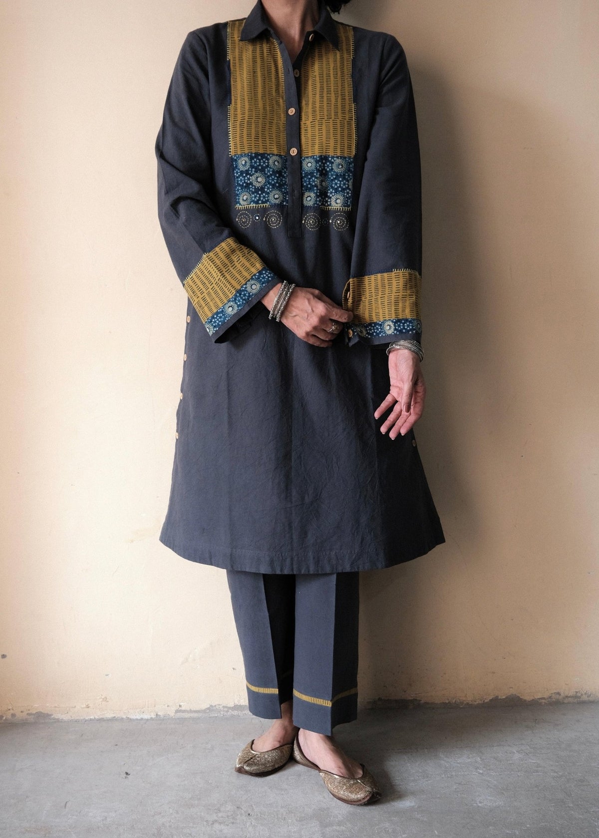 Airforce blue Bhuj cotton co ord set with ajrakh yoke and side buttons - Sohni