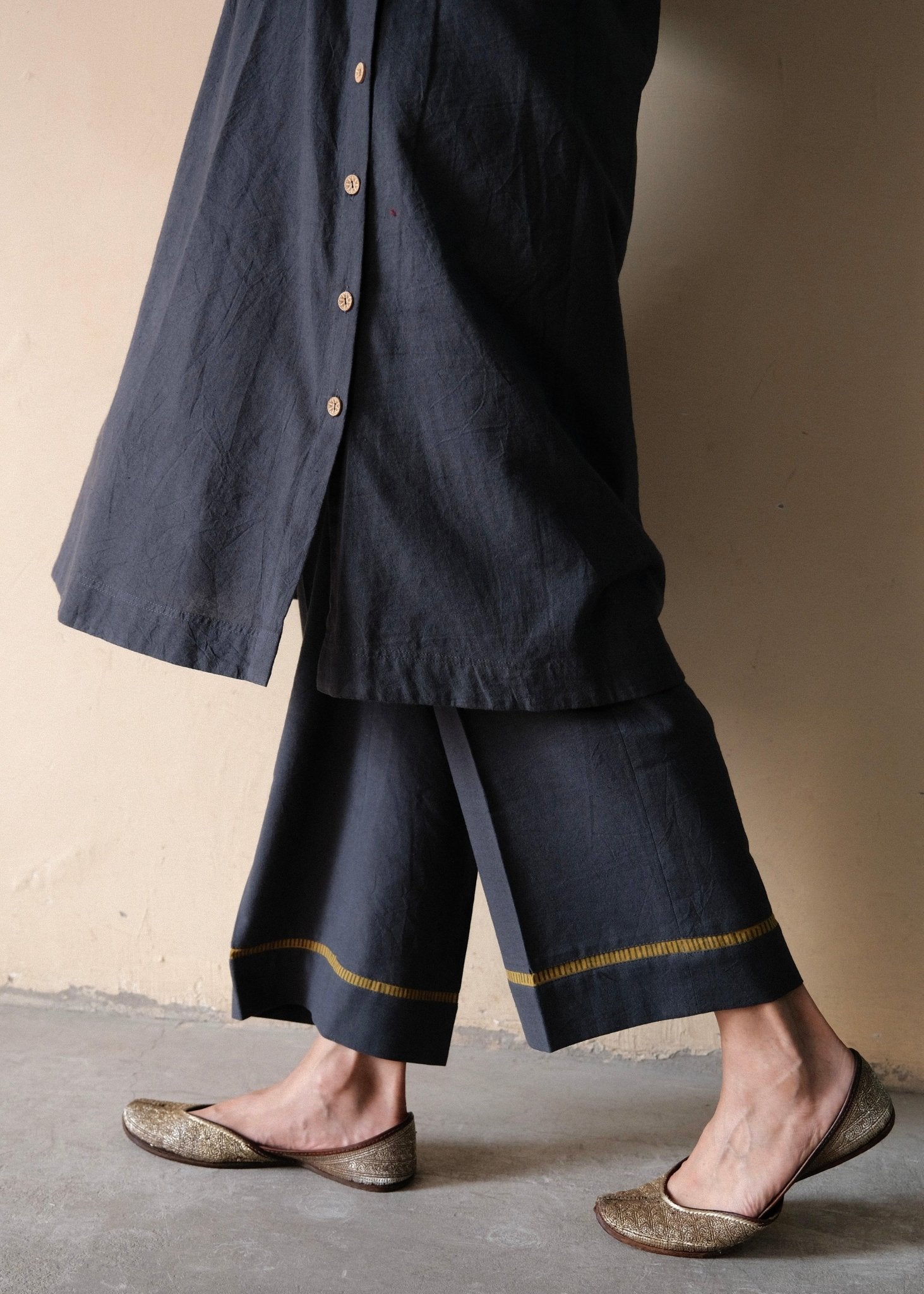 Airforce blue Bhuj cotton co ord set with ajrakh yoke and side buttons - Sohni