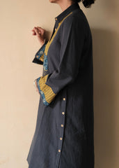 Airforce blue Bhuj cotton co ord set with ajrakh yoke and side buttons - Sohni