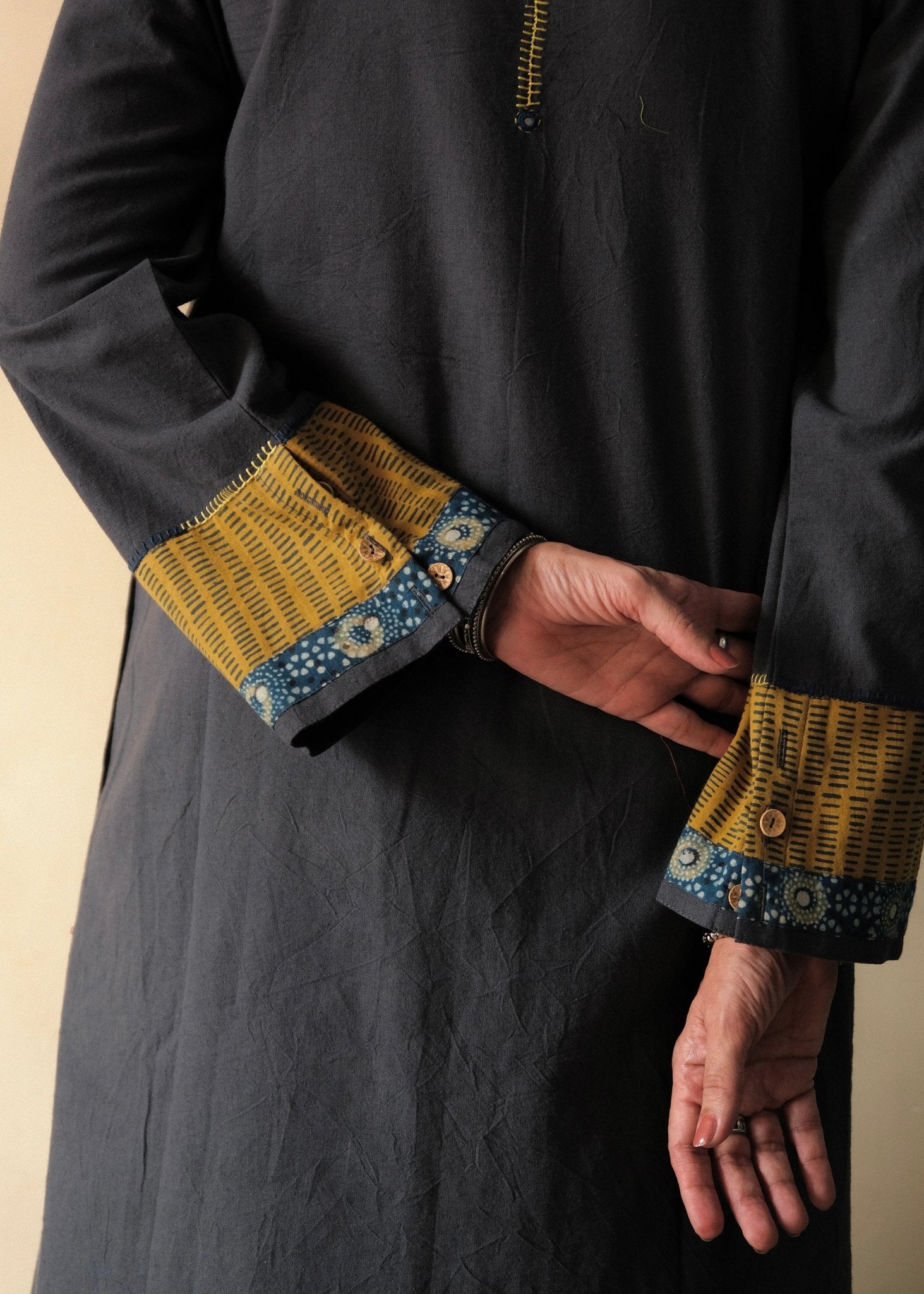 Airforce blue Bhuj cotton co ord set with ajrakh yoke and side buttons - Sohni