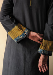 Airforce blue Bhuj cotton co ord set with ajrakh yoke and side buttons - Sohni