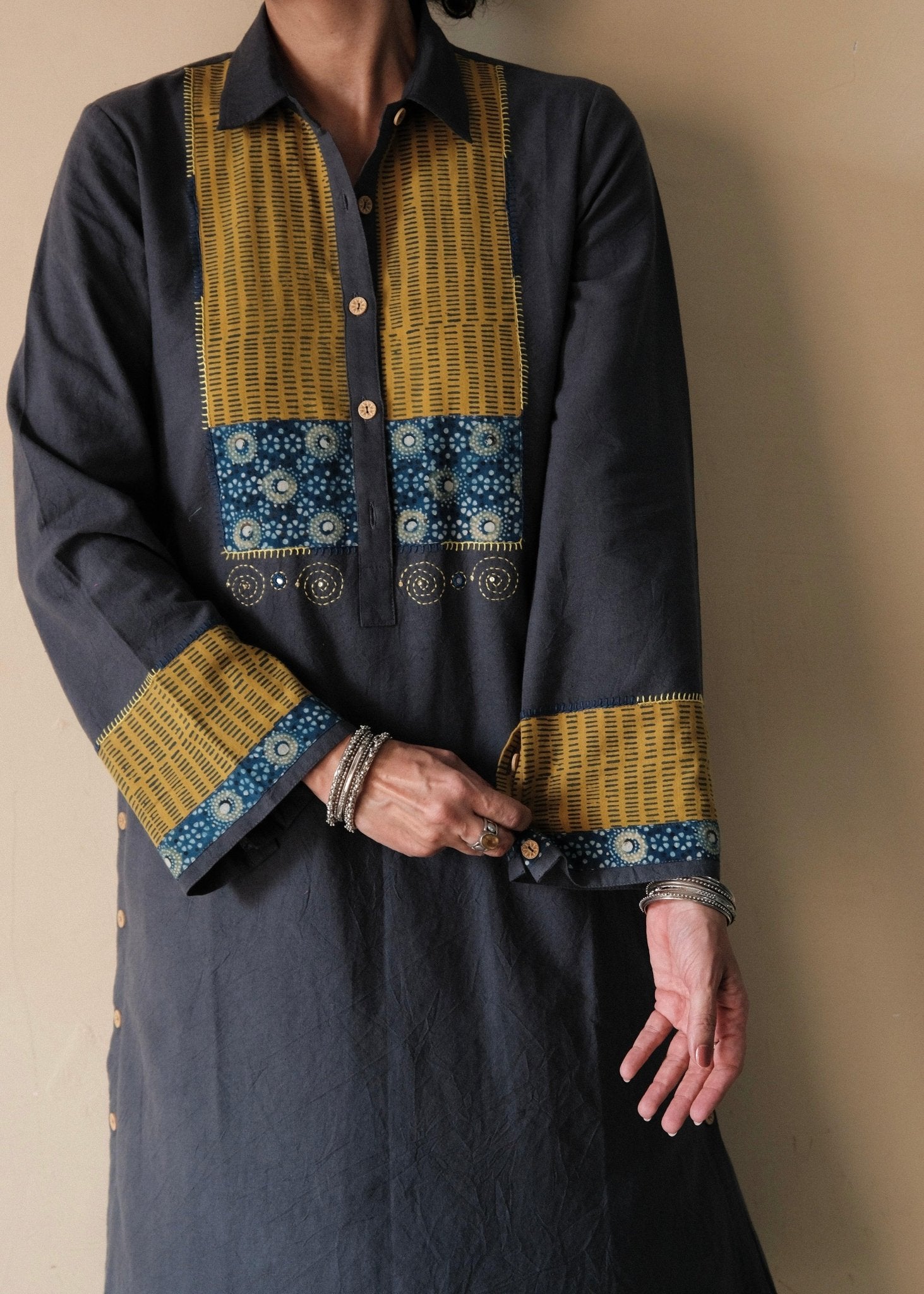 Airforce blue Bhuj cotton co ord set with ajrakh yoke and side buttons - Sohni