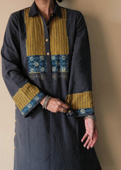 Airforce blue Bhuj cotton co ord set with ajrakh yoke and side buttons - Sohni