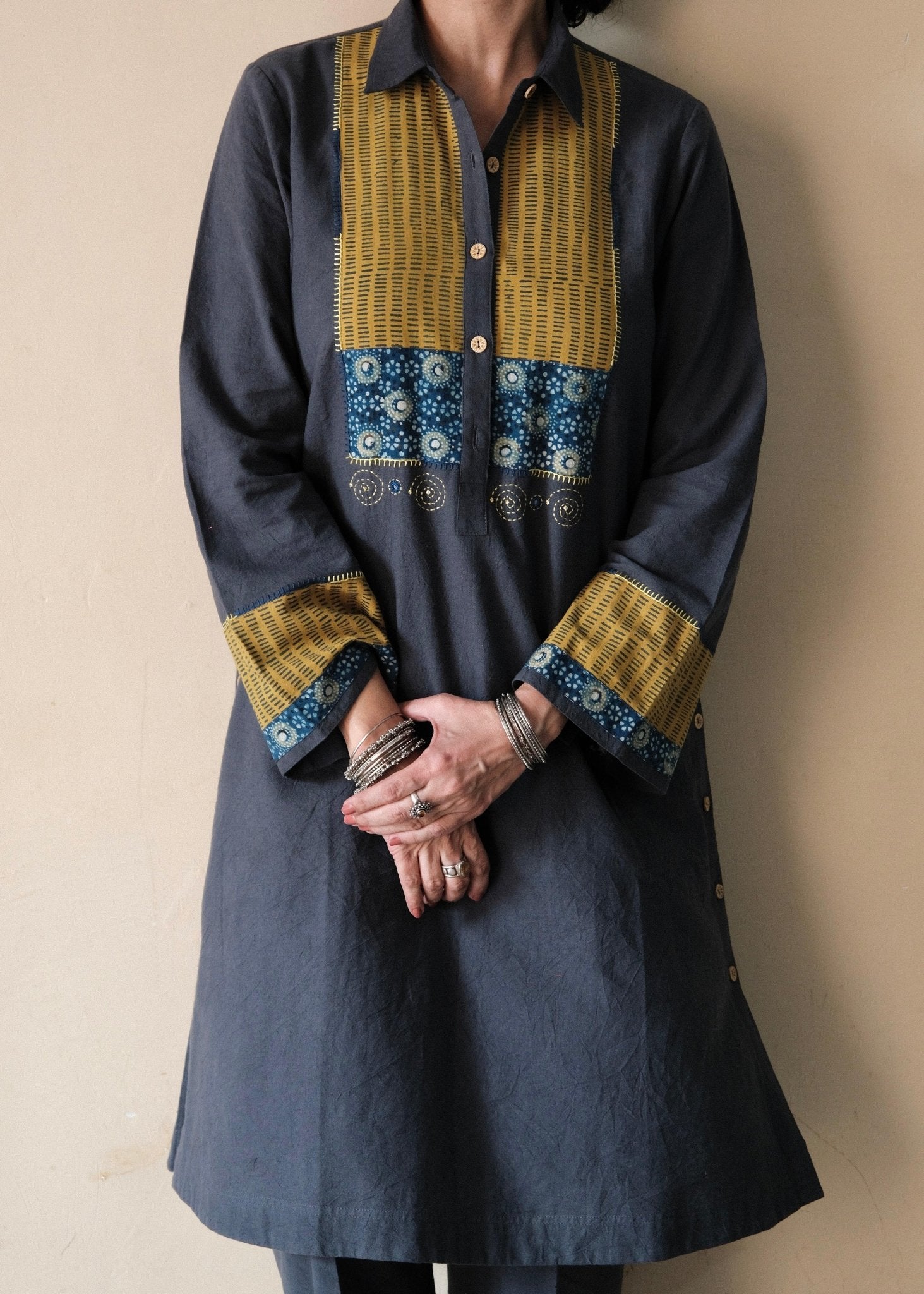 Airforce blue Bhuj cotton co ord set with ajrakh yoke and side buttons - Sohni