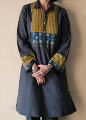 Airforce blue Bhuj cotton co ord set with ajrakh yoke and side buttons - Sohni