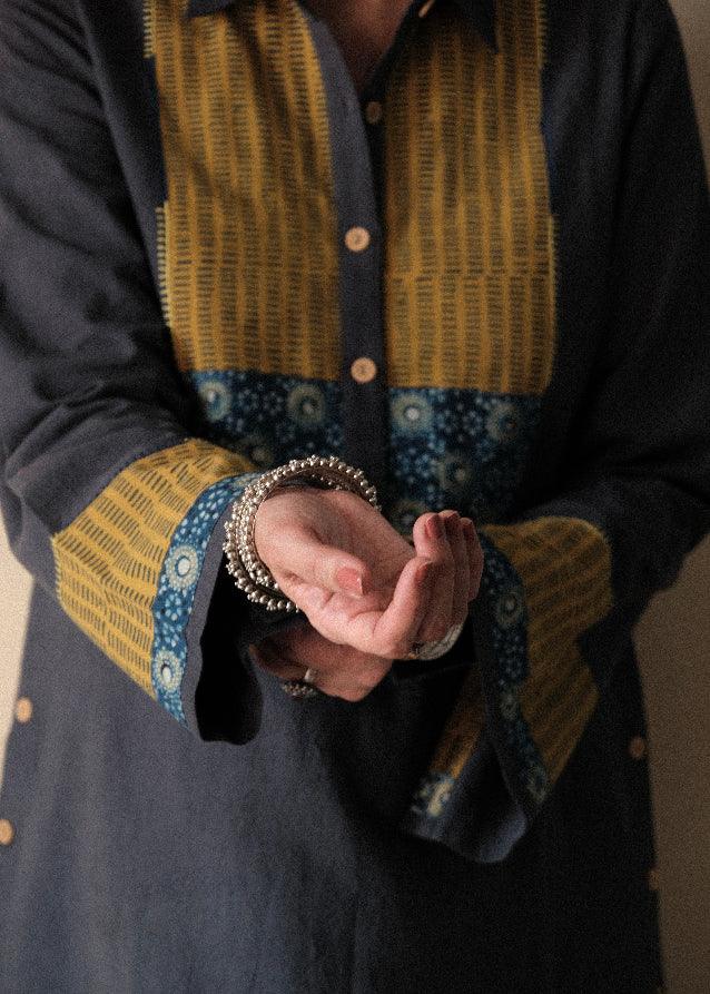 Airforce blue Bhuj cotton co ord set with ajrakh yoke and side buttons - Sohni