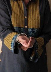 Airforce blue Bhuj cotton co ord set with ajrakh yoke and side buttons - Sohni