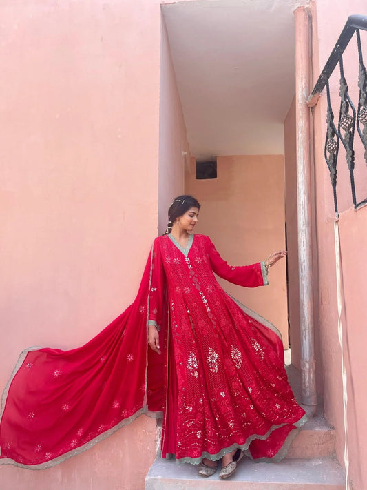 Amaranth pink chikankari mukaish anarkali - Sohni