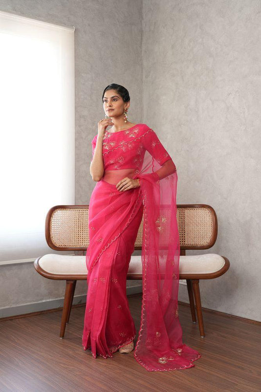 Amaranth pink organza saree katdana flowers embroidery - Sohni
