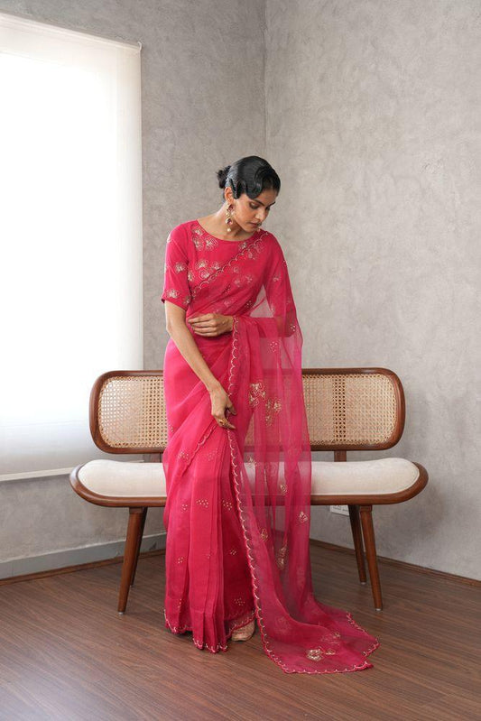 Amaranth pink organza saree katdana flowers embroidery - Sohni