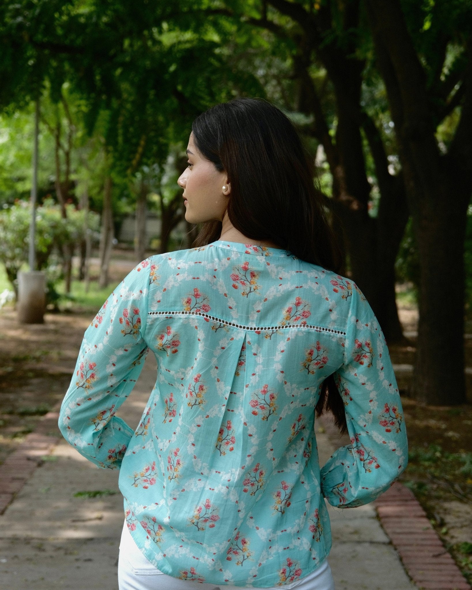 Aqua blue floral print mulmul top with schiffli lace - Sohni