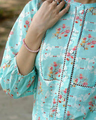 Aqua blue floral print mulmul top with schiffli lace - Sohni