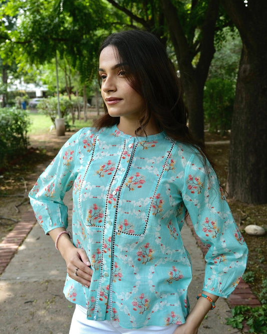 Aqua blue floral print mulmul top with schiffli lace - Sohni