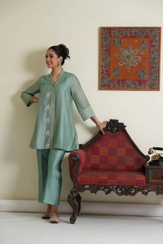 Aquamarine striped tissue chanderi overlap gota patti work mid length co ord set - Sohni
