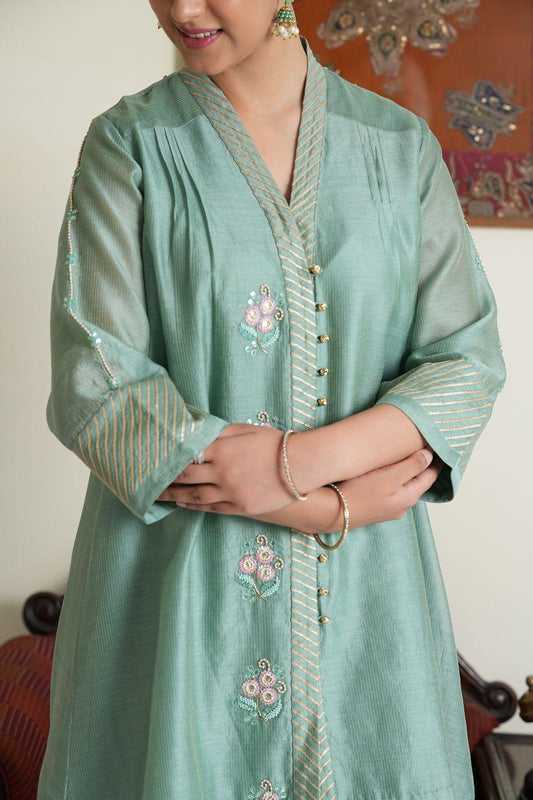Aquamarine striped tissue chanderi overlap gota patti work mid length co ord set - Sohni