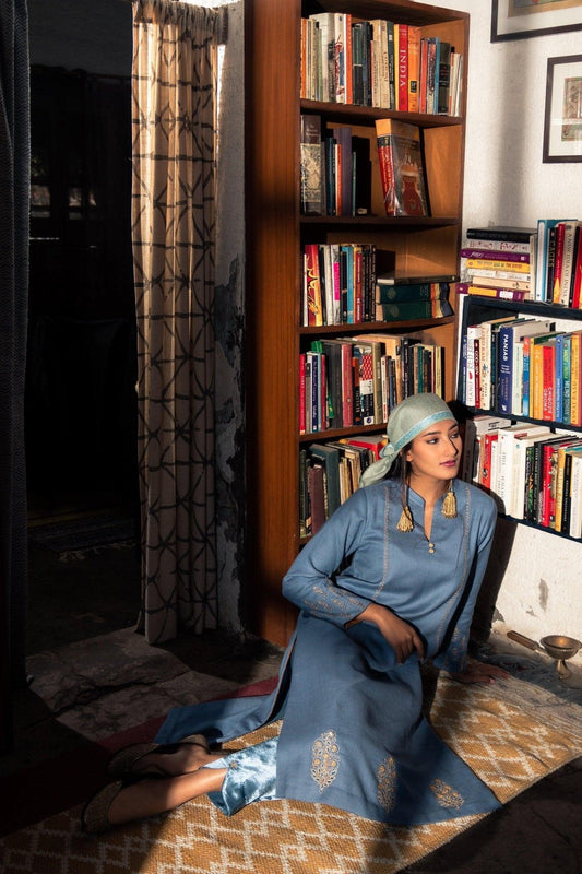 Azure blue sheep wool kurta with hand embroidery - Sohni