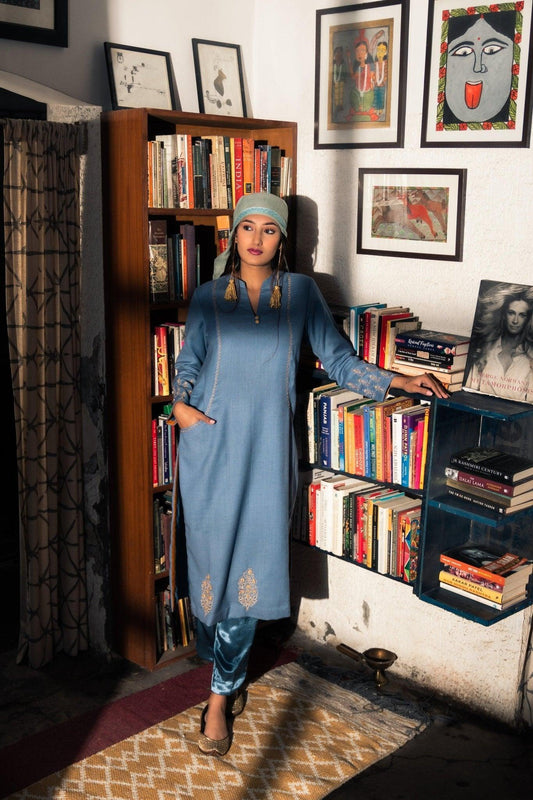Azure blue sheep wool kurta with hand embroidery - Sohni