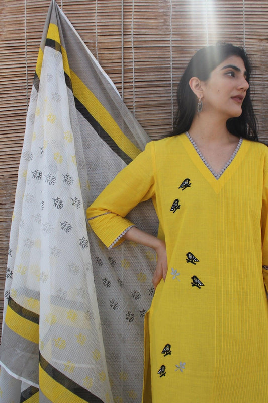 Basant yellow mangalgiri cotton kurta with kota dupatta - Sohni