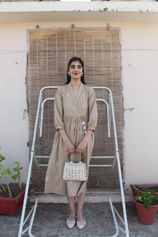 Beige cambric cotton overlap midi dress with mirror motifs embroidery - Sohni