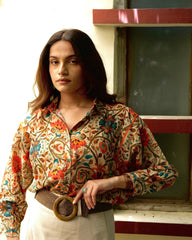 Beige orange Turkish print mulmul anti fit shirt - Sohni