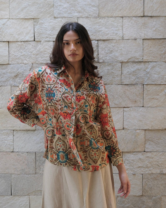 Beige orange Turkish print mulmul anti fit shirt - Sohni
