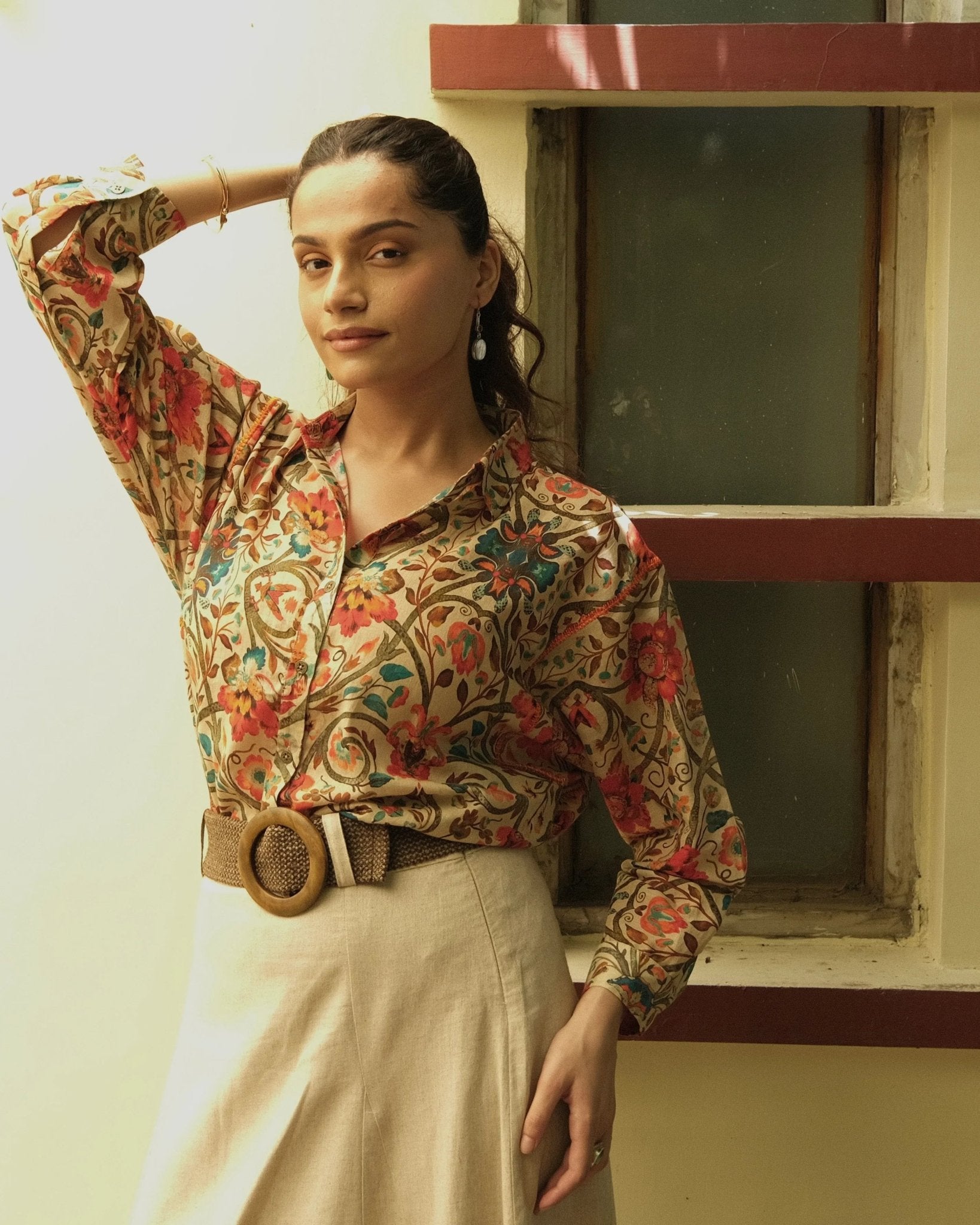 Beige orange Turkish print mulmul anti fit shirt - Sohni