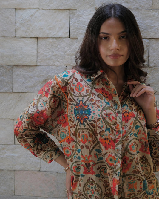 Beige orange Turkish print mulmul anti fit shirt - Sohni