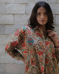 Beige orange Turkish print mulmul anti fit shirt - Sohni