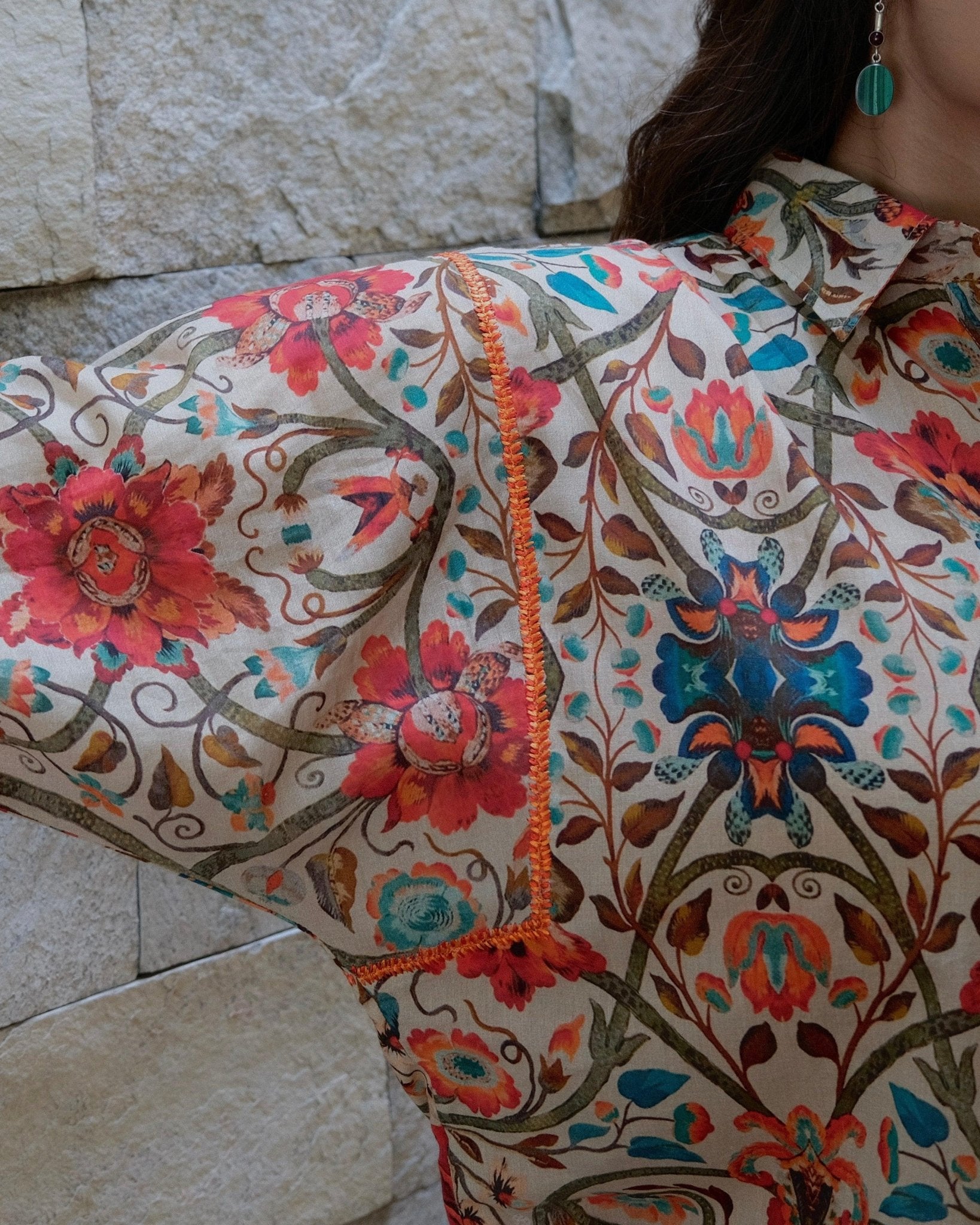 Beige orange Turkish print mulmul anti fit shirt - Sohni