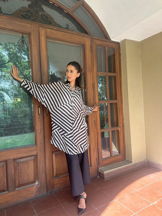 Black and white striped muslin co ord set - Sohni