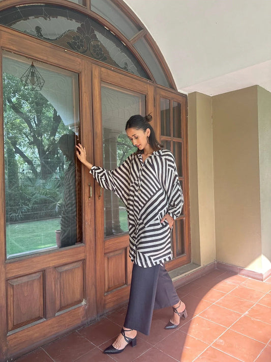 Black and white striped muslin co ord set - Sohni