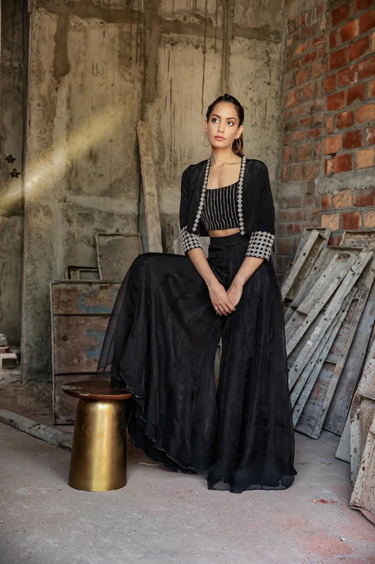 Black bolero jacket with camisole top and flared organza pants - Sohni