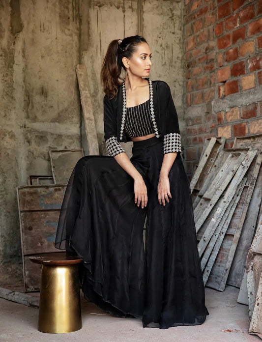 Black bolero jacket with camisole top and flared organza pants - Sohni