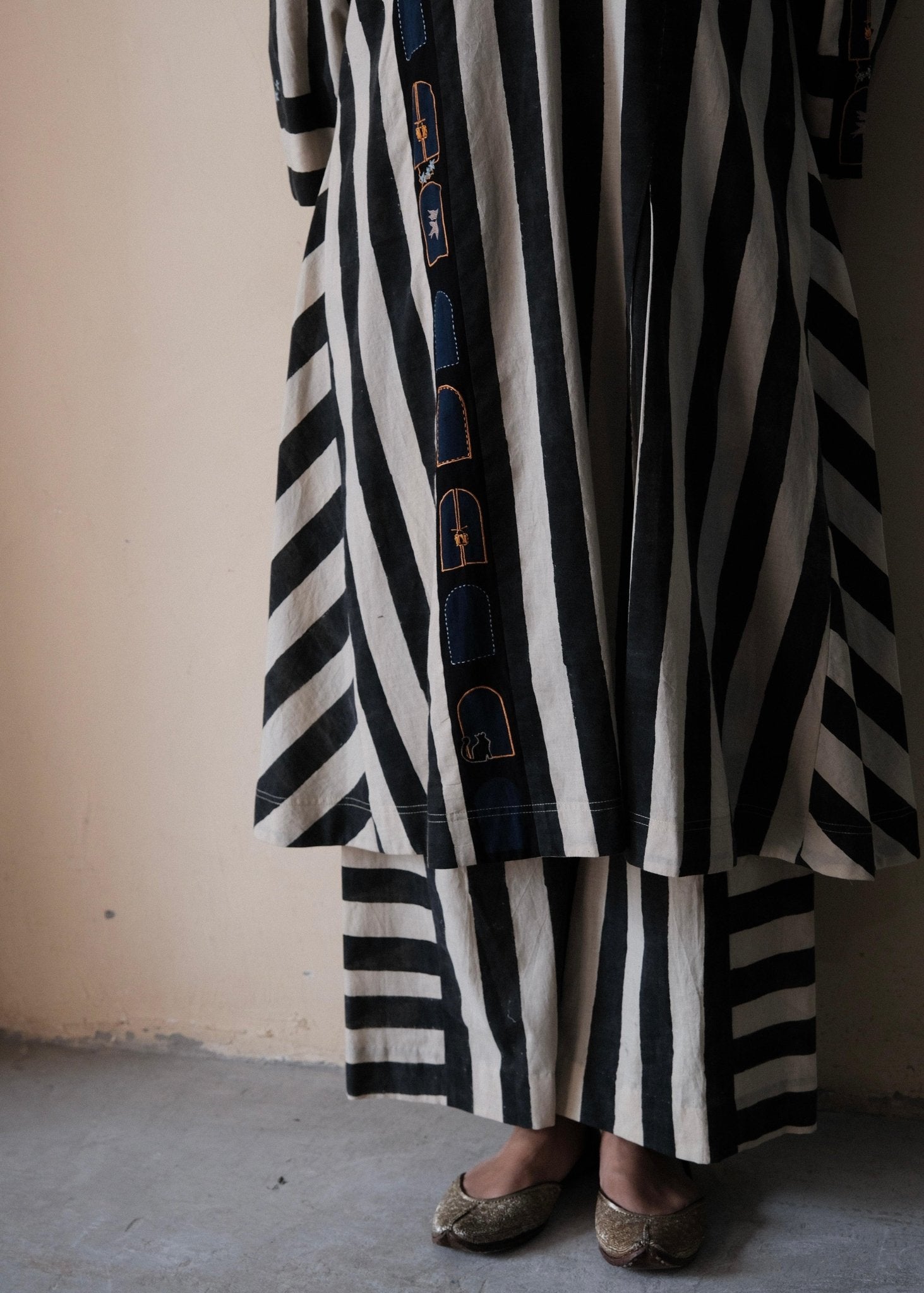 Black cream ajrakh striped print anti fit co ord set with window detail - Sohni