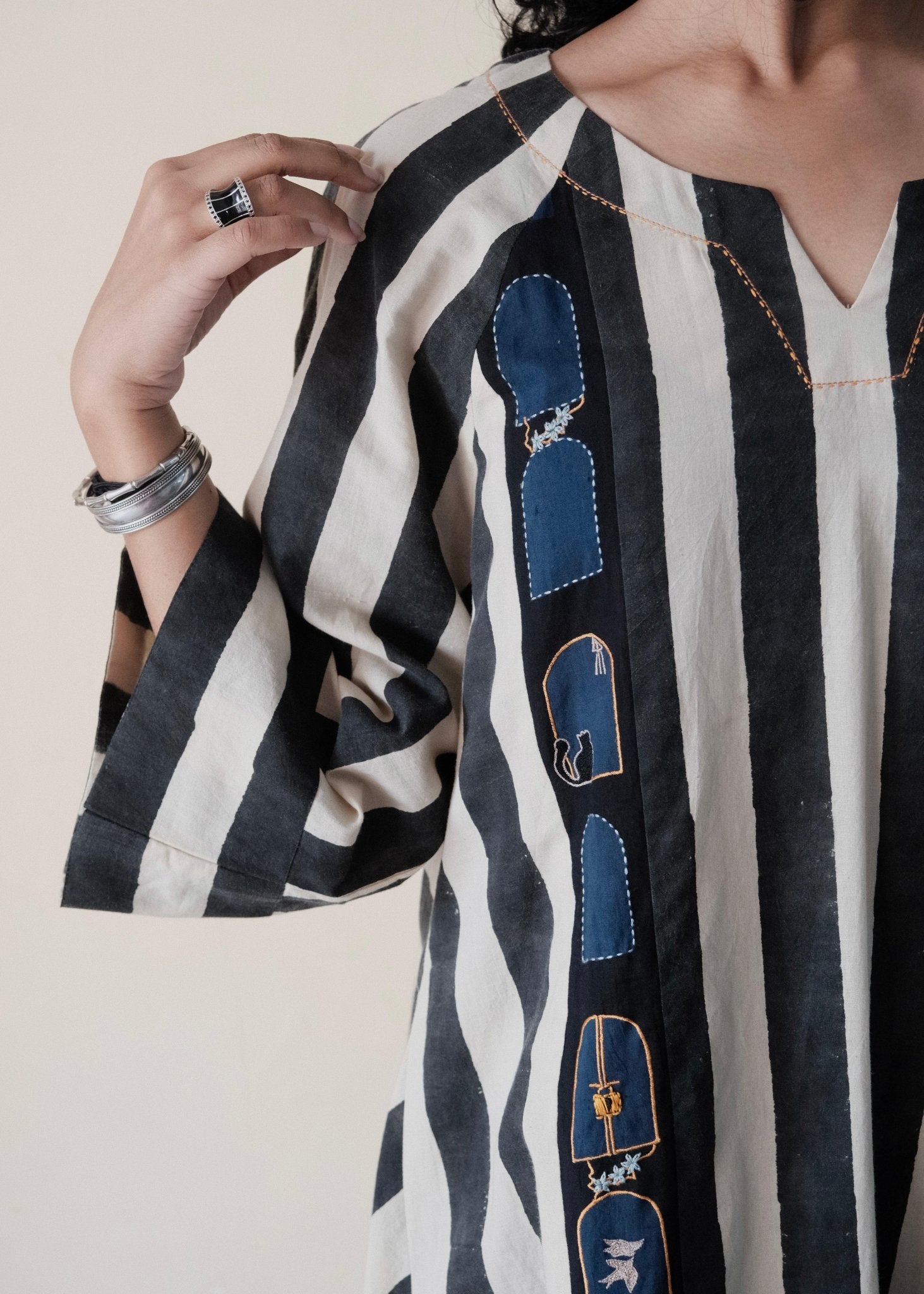 Black cream ajrakh striped print anti fit co ord set with window detail - Sohni