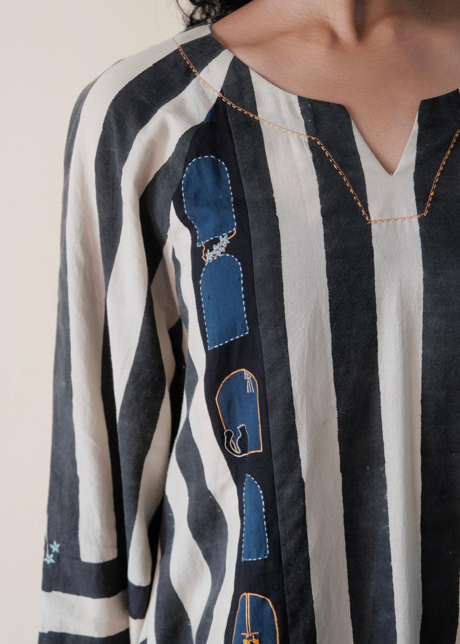 Black cream ajrakh striped print anti fit co ord set with window detail - Sohni