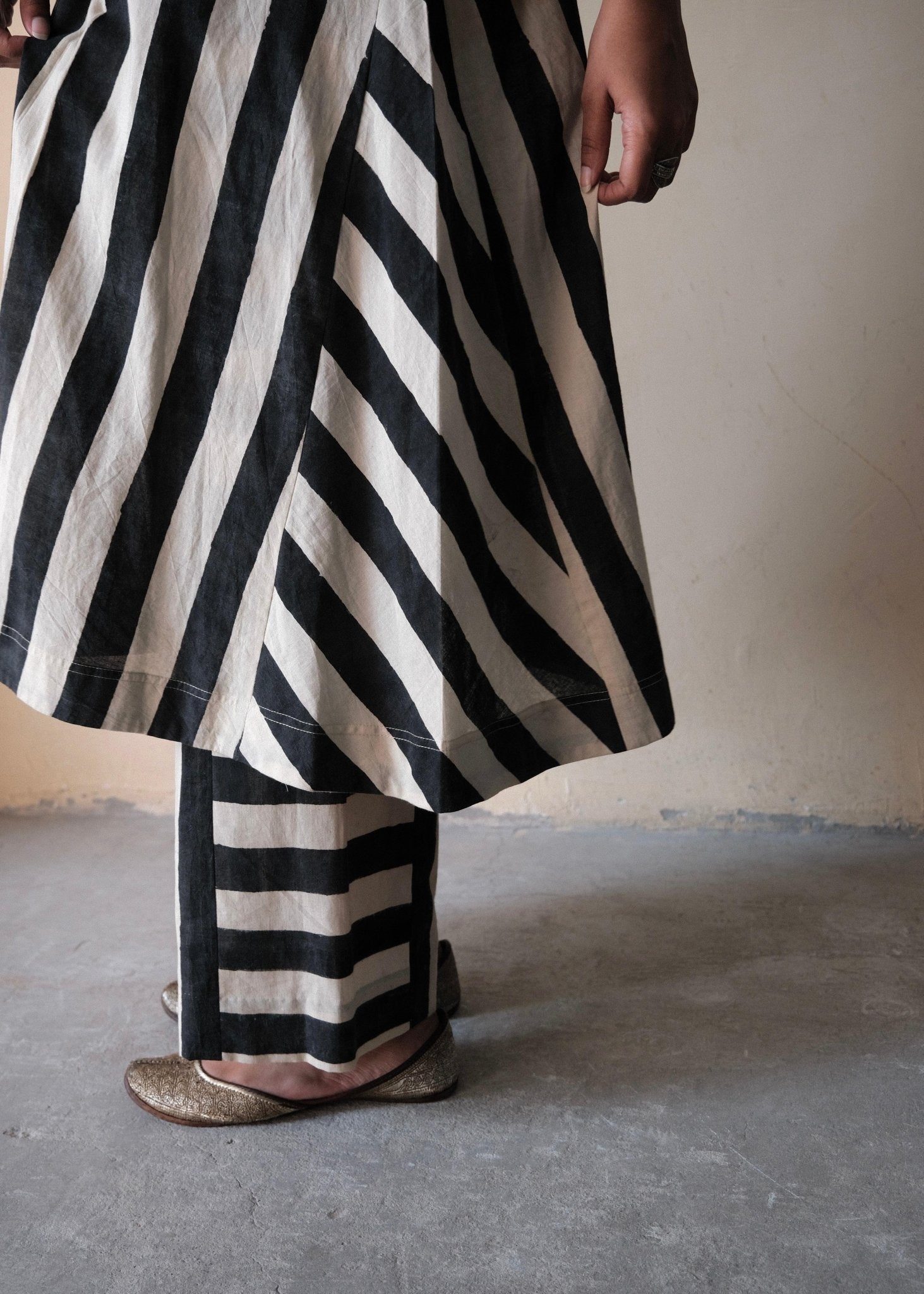 Black cream ajrakh striped print anti fit co ord set with window detail - Sohni