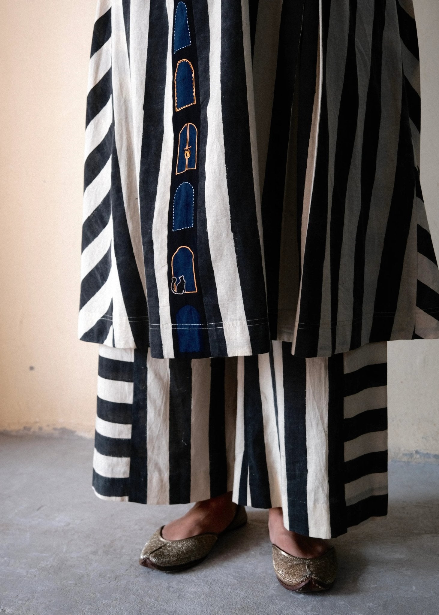 Black cream ajrakh striped print anti fit co ord set with window detail - Sohni