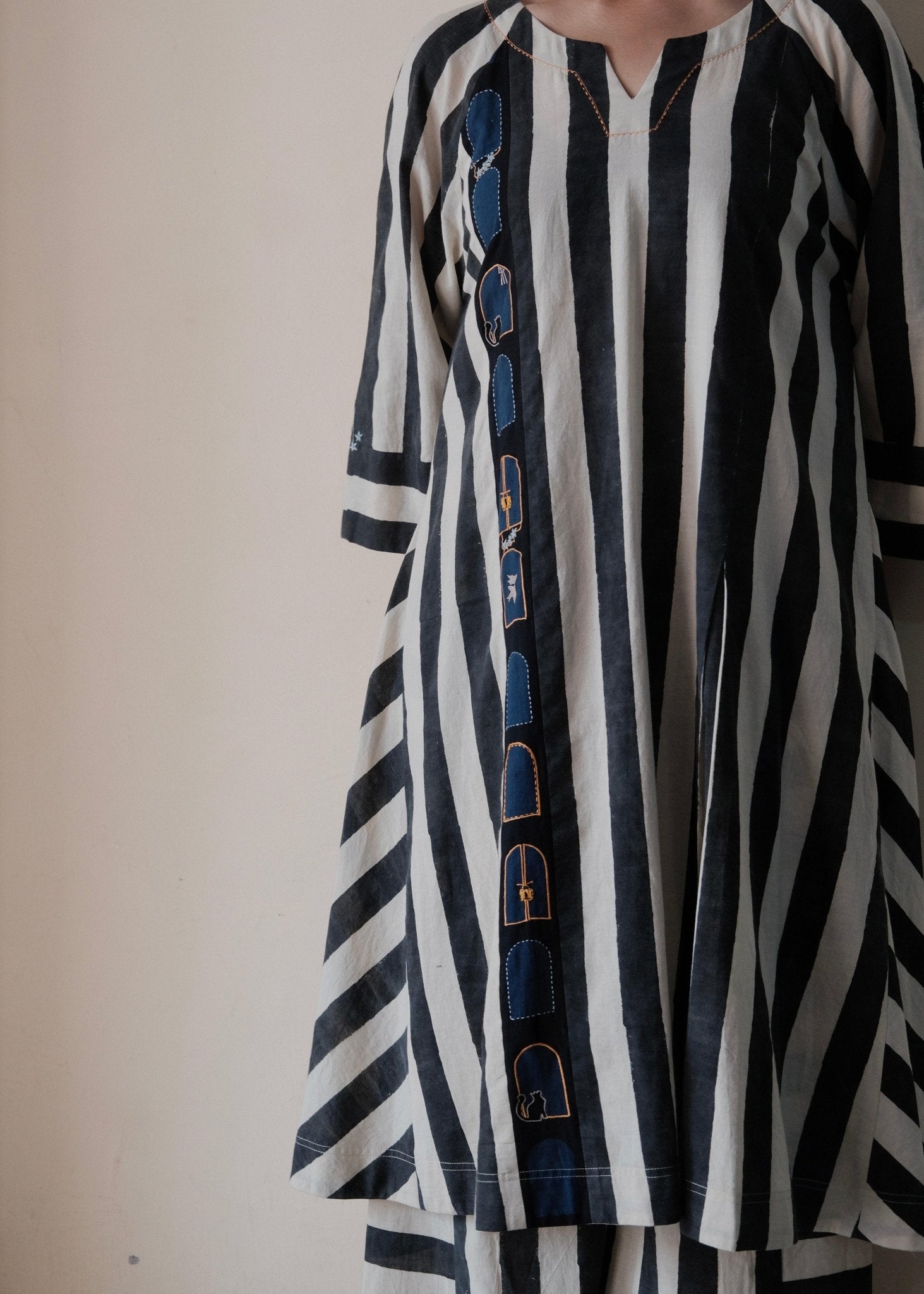 Black cream ajrakh striped print anti fit co ord set with window detail - Sohni